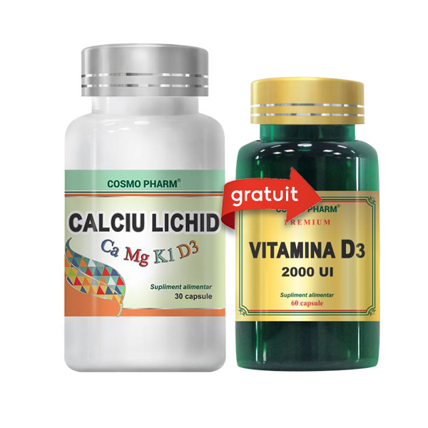 Pachet Calciu lichid - 30 cps + Vitamina D3 2000 UI - 30 cps (gratis) Cosmo Pharm